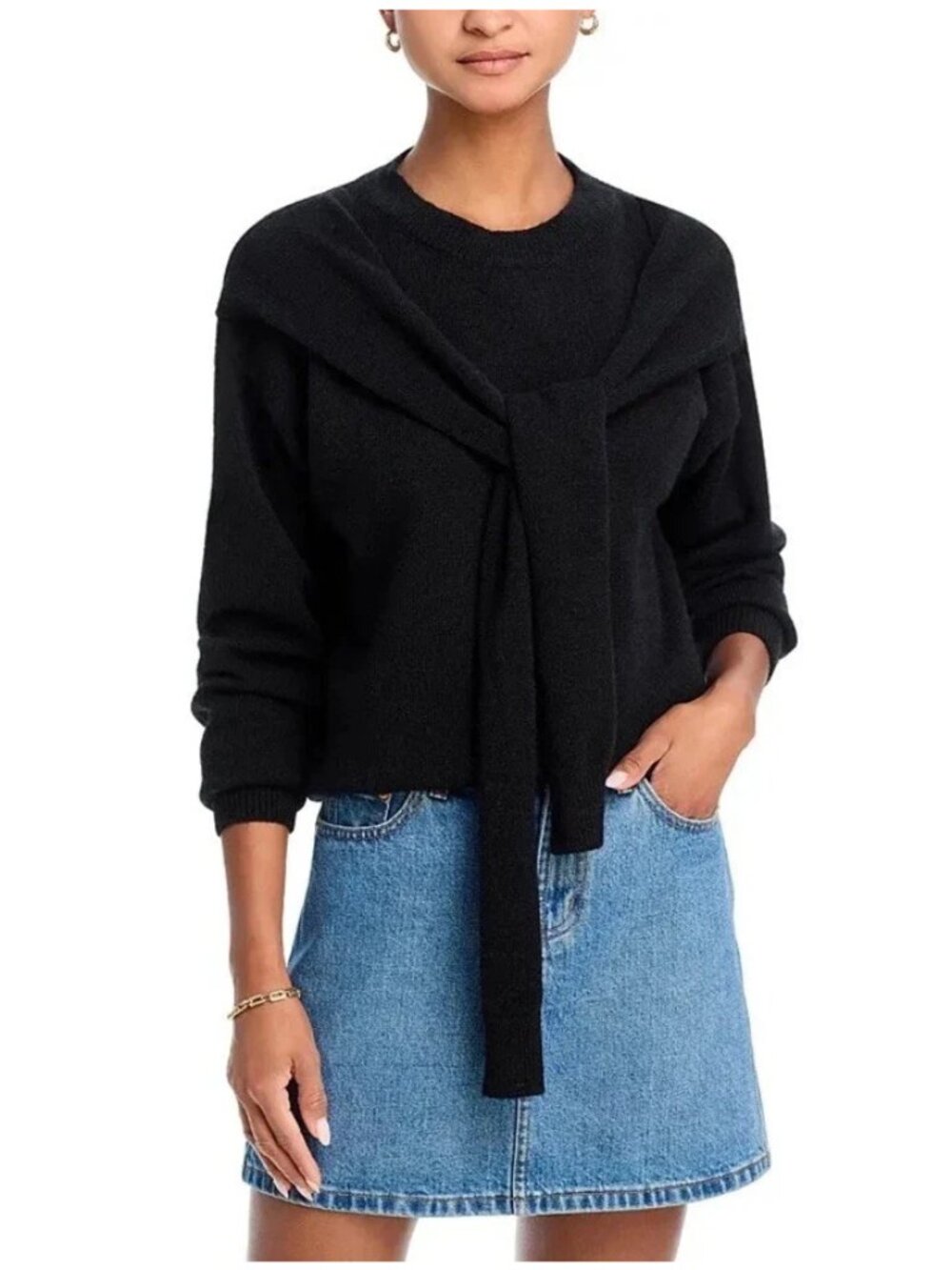 Line & Dot Double Layer Knit Sweater Black Crewneck Size S NWT